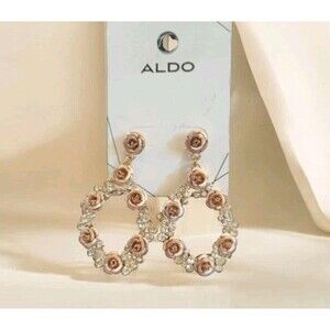 Aldo Champagne Rosebuds Rhinestone Crystals Statement Oval Post Dangle Earrings